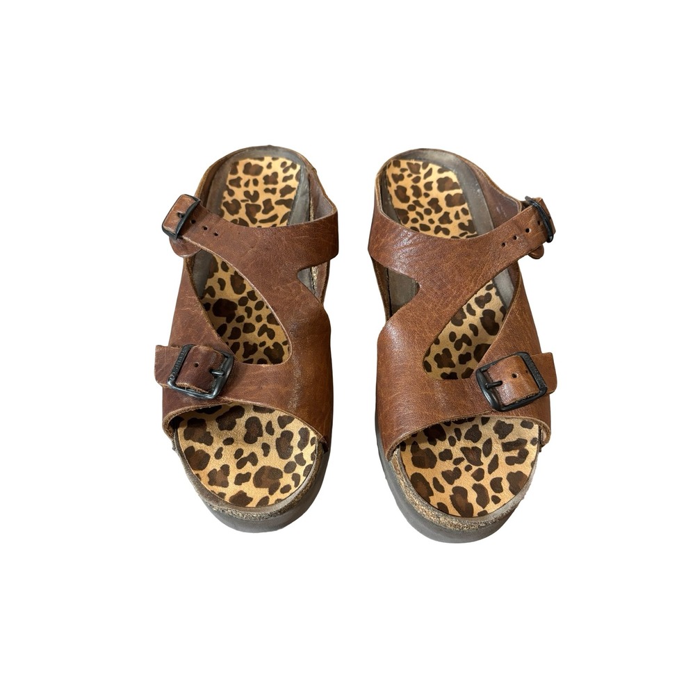 Mephisto Brown Leather Leopard Print Wedge Sandals Size 39 US 9 Made in France